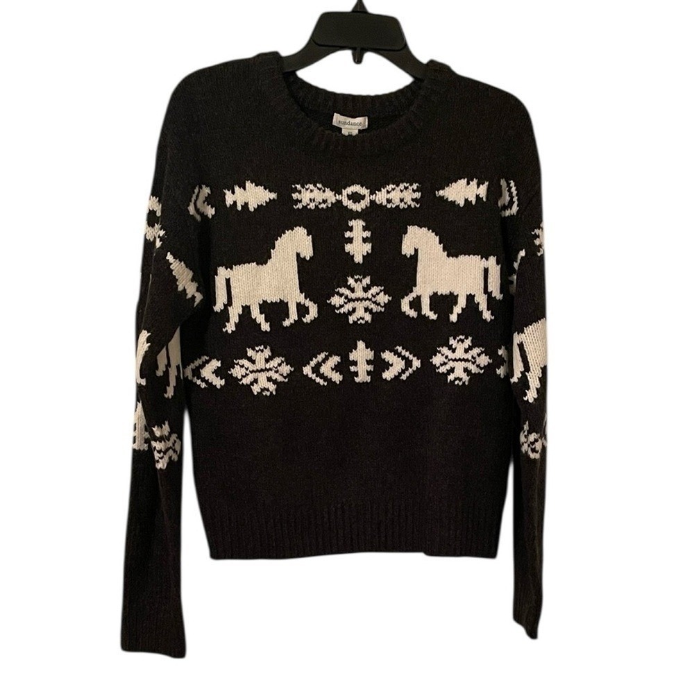 Sundance Women's Charcoal‎ Gray White Spirited Horse Fair Isle Sweater Size XS